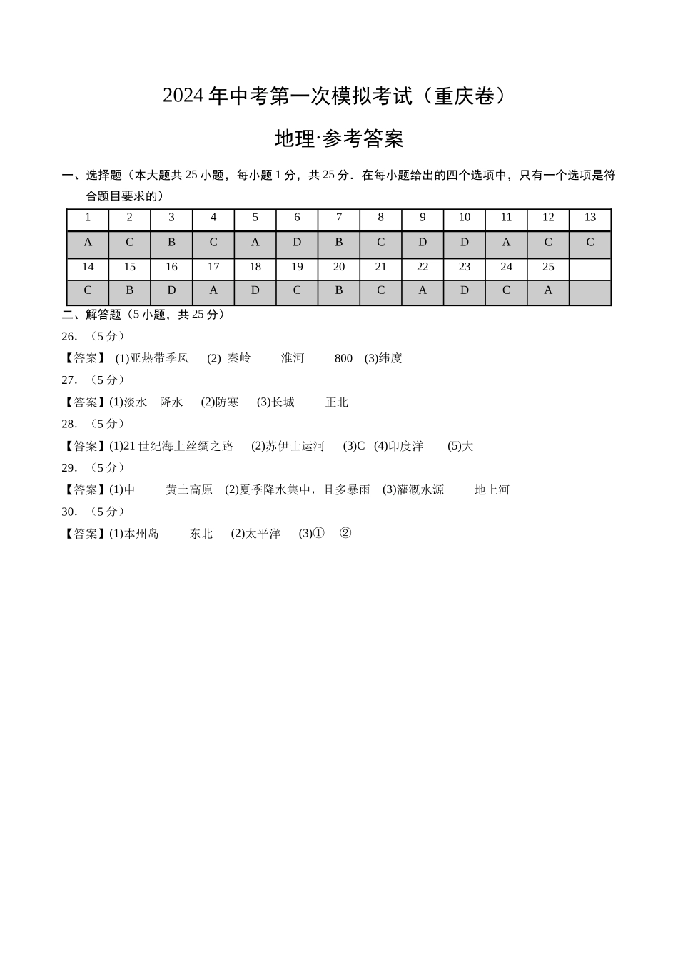 地理（重庆卷）（参考答案及评分标准）(1).docx_第1页