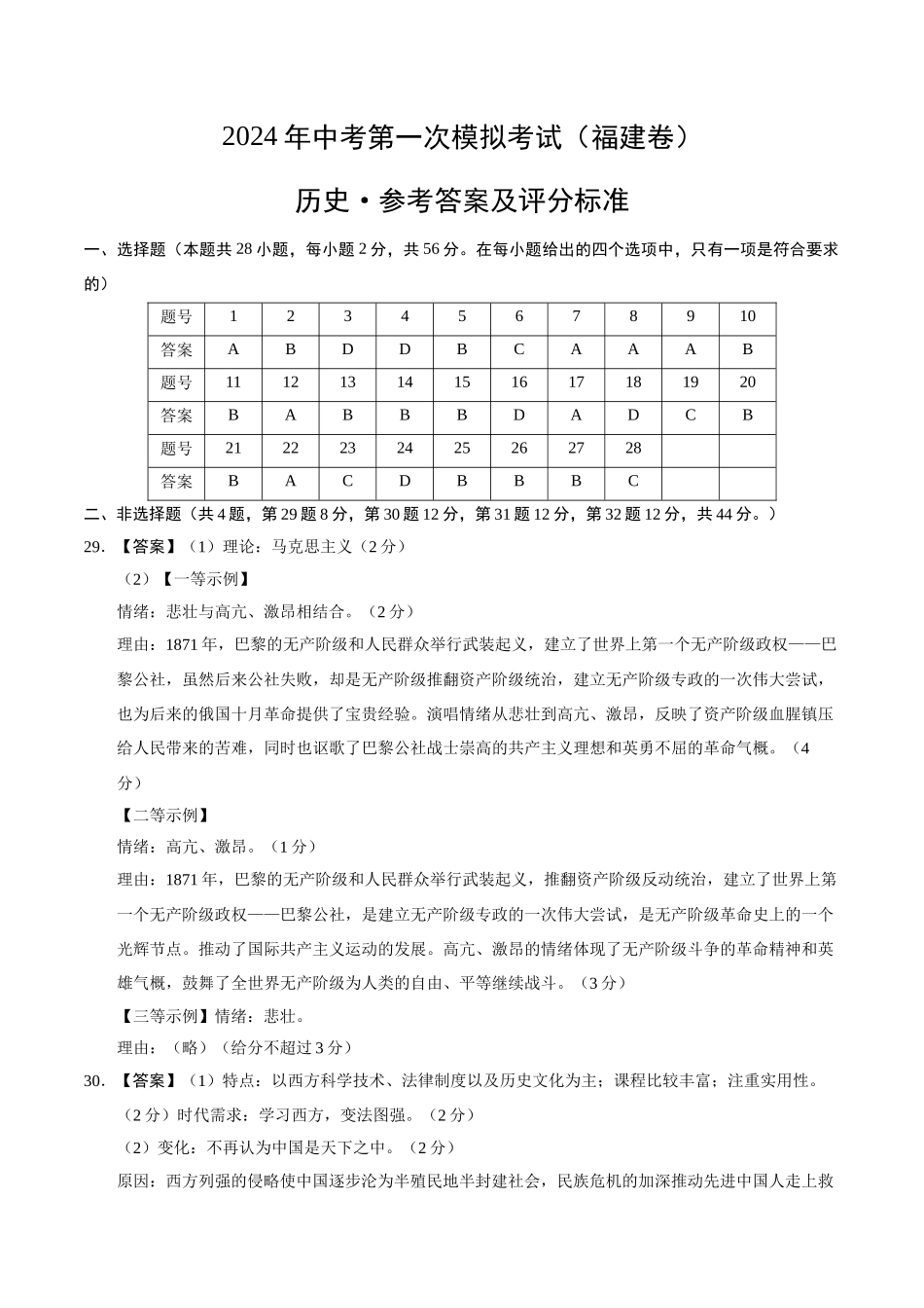 历史（福建卷）（参考答案及评分标准）(1).docx_第1页