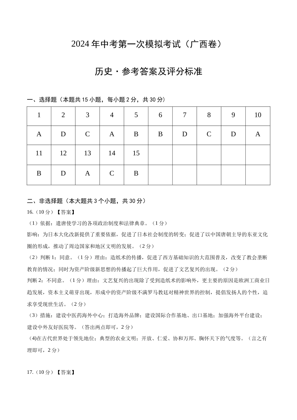 历史（广西卷）（参考答案及评分标准）(1).docx_第1页