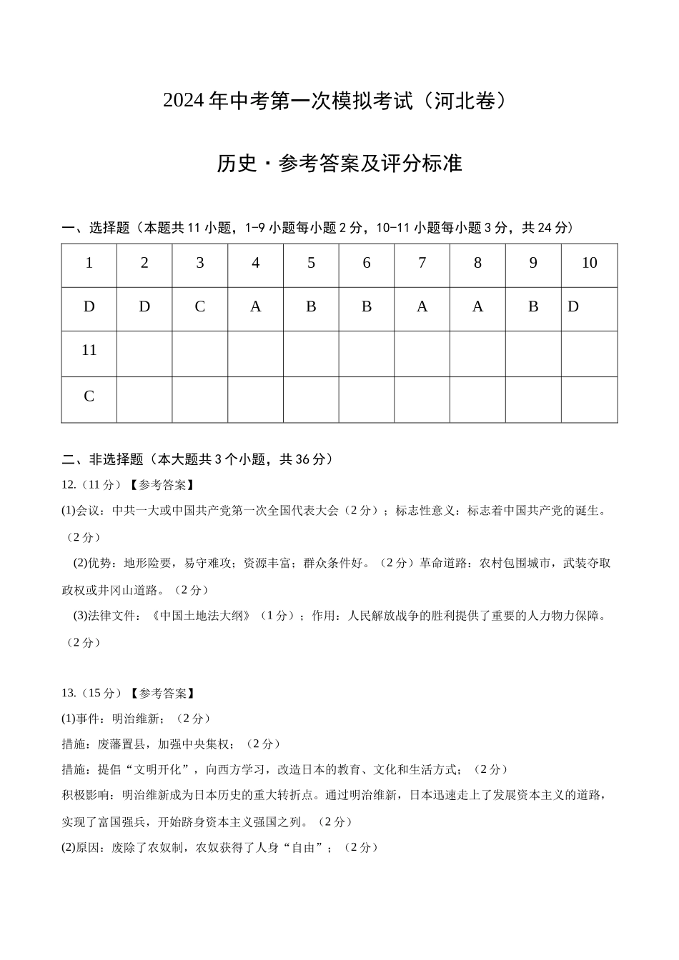 历史（河北卷）（参考答案及评分标准）(1).docx_第1页