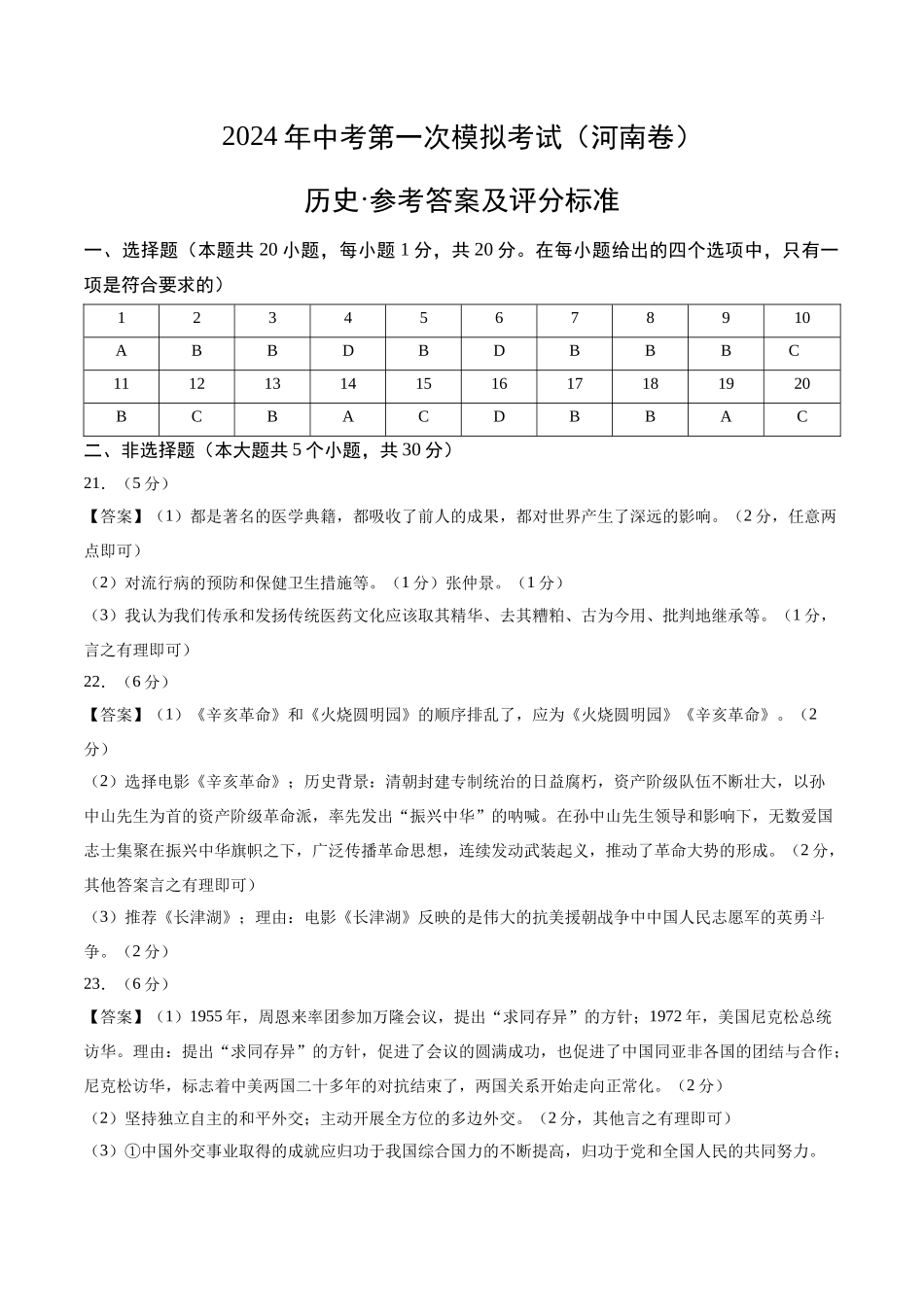 历史（河南卷）（参考答案及评分标准）(1).docx_第1页