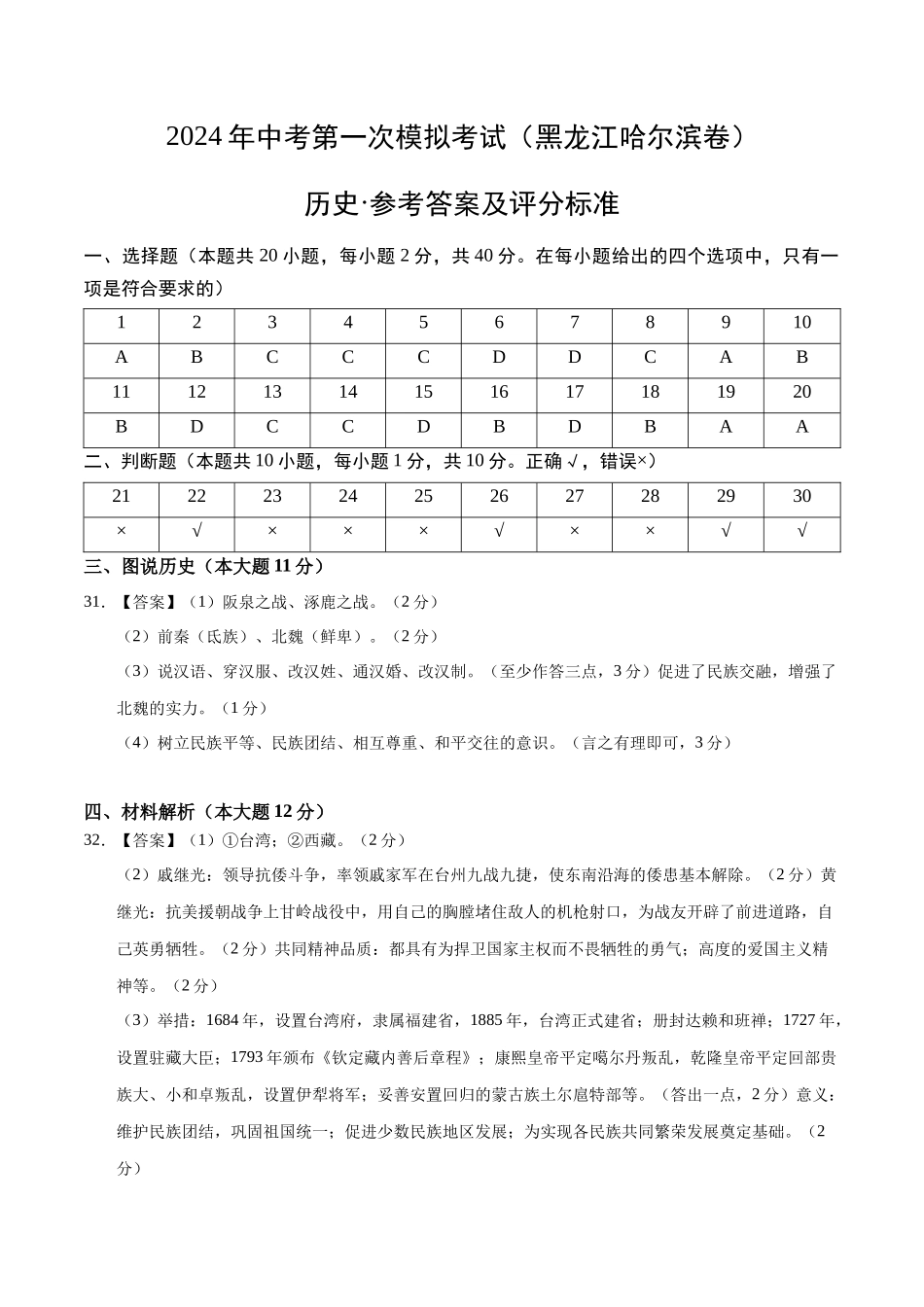 历史（黑龙江哈尔滨卷）（参考答案及评分标准）(1).docx_第1页