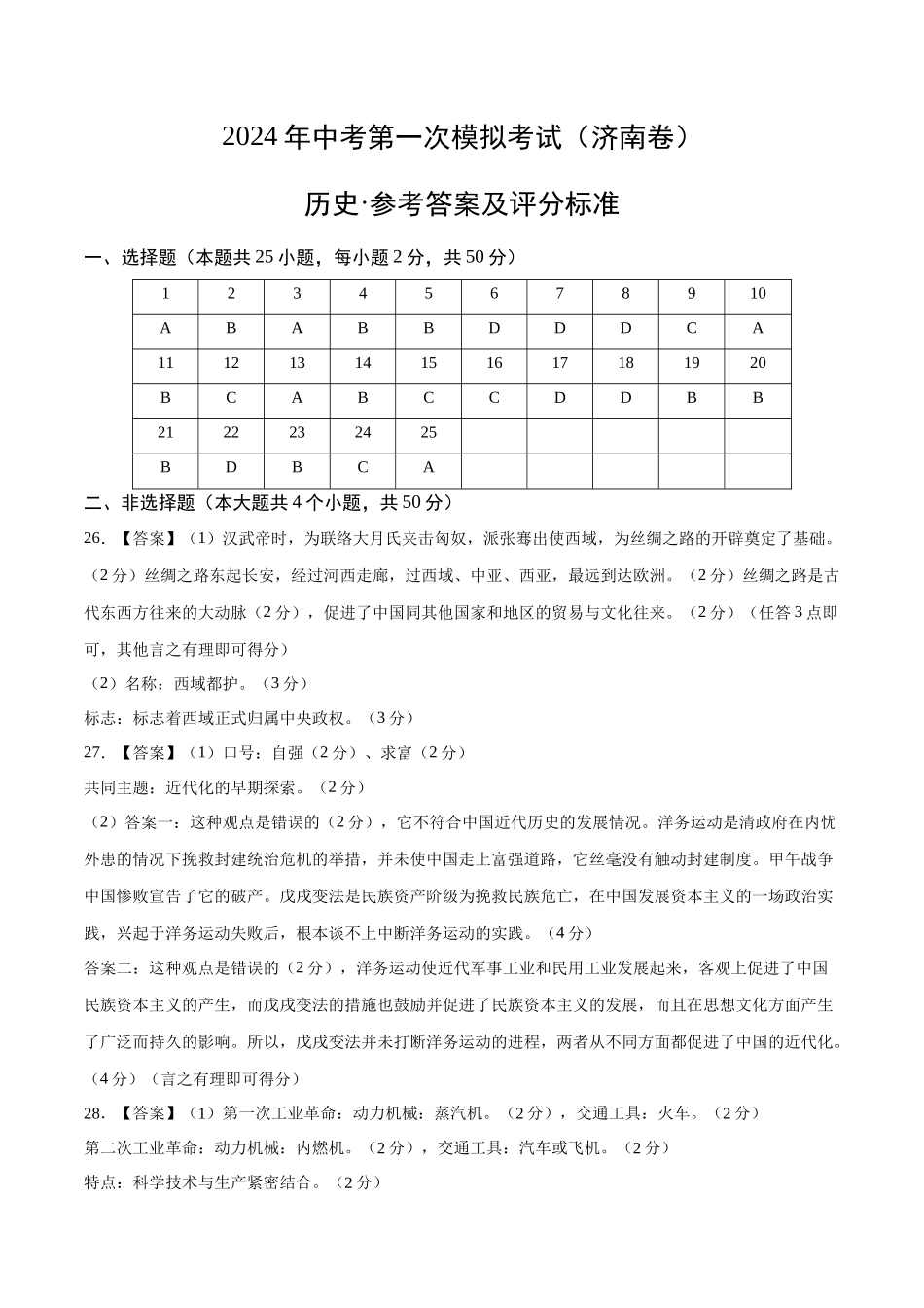 历史（山东济南卷）（参考答案及评分标准）(1).docx_第1页