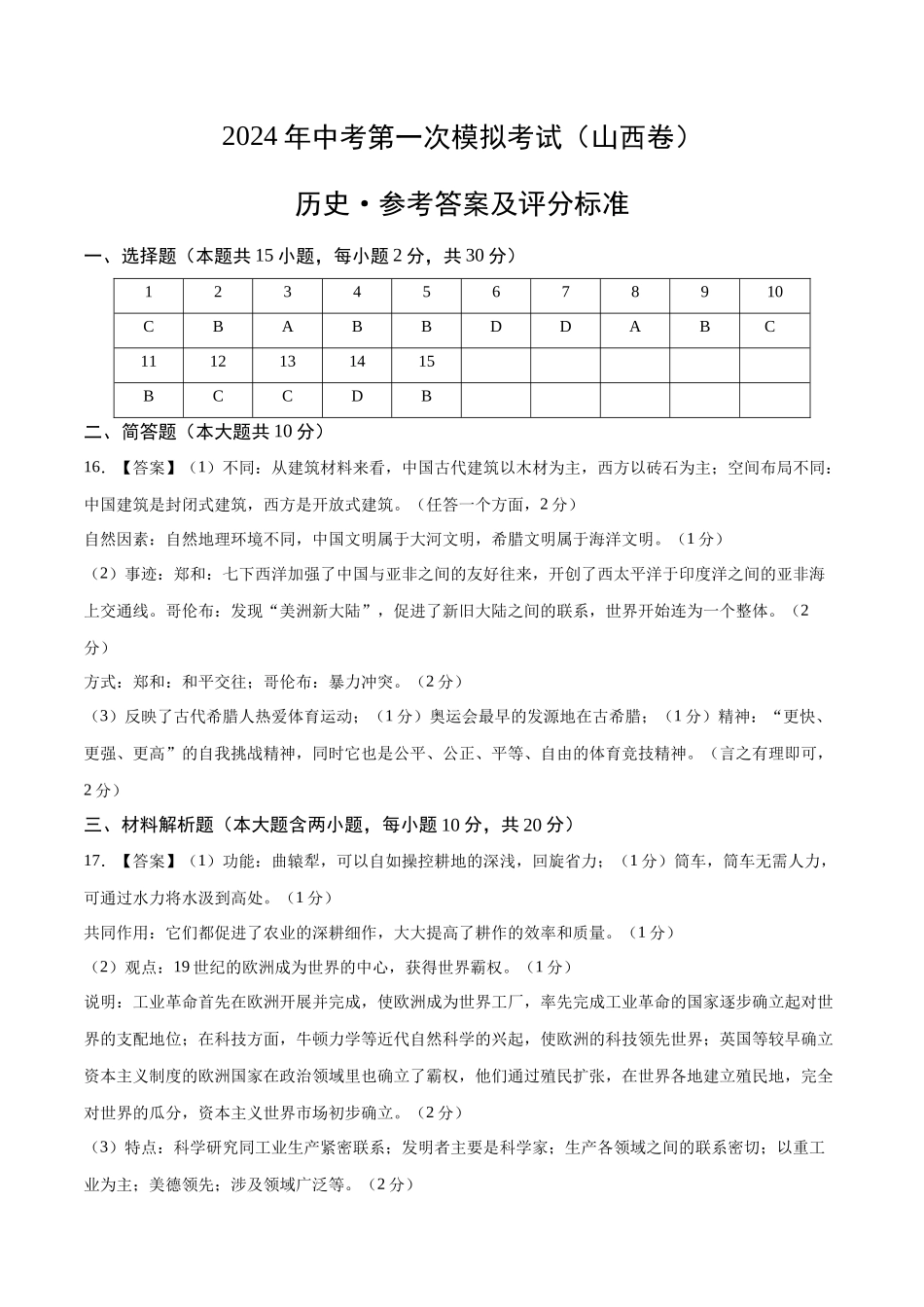 历史（山西卷）（参考答案及评分标准）(1).docx_第1页