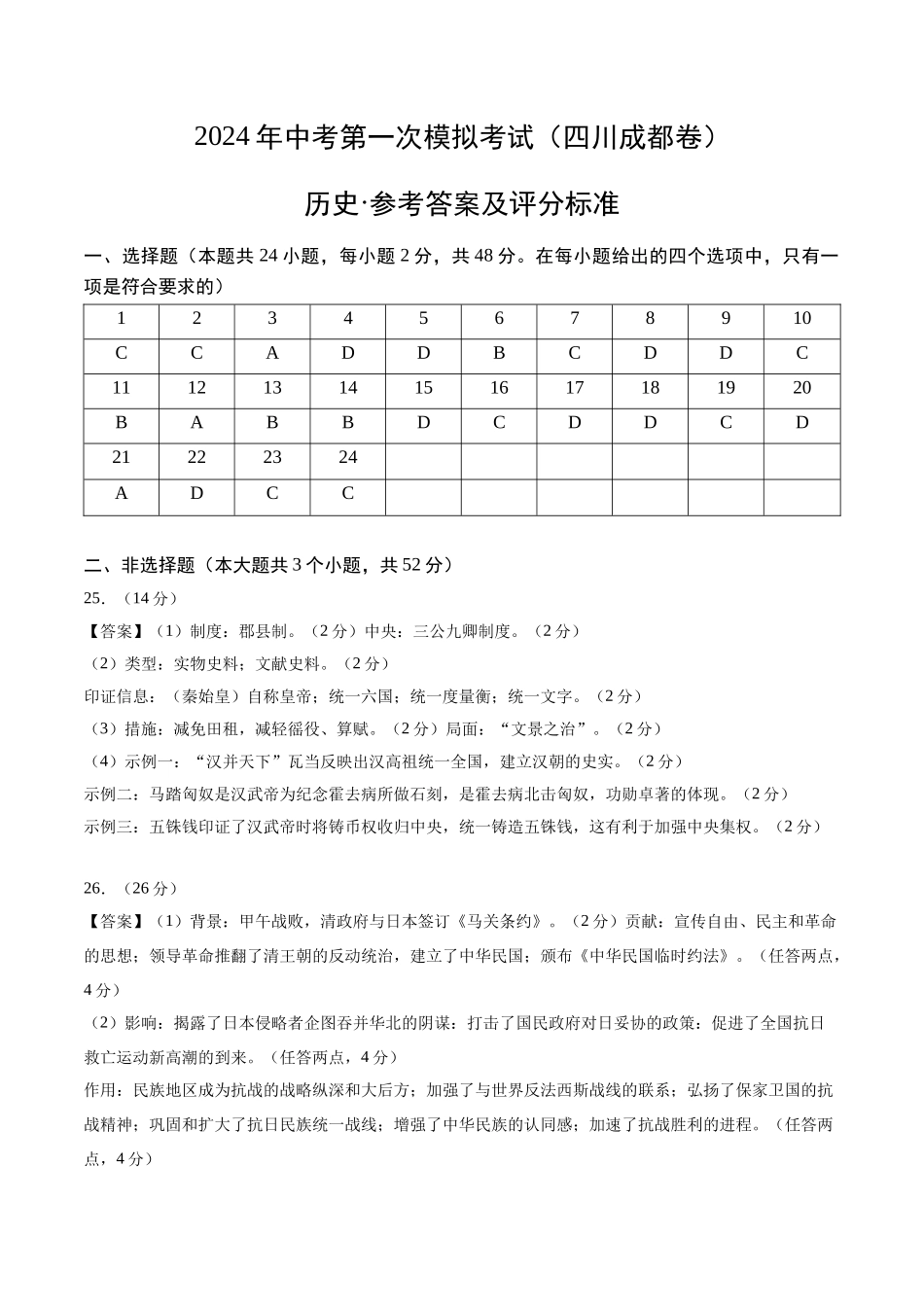 历史（四川成都卷）（参考答案及评分标准）(1).docx_第1页