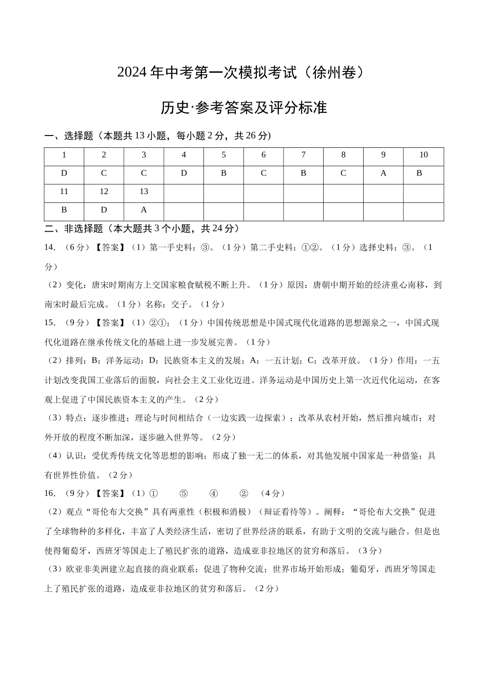 历史（徐州卷）（参考答案及评分标准）(1).docx_第1页
