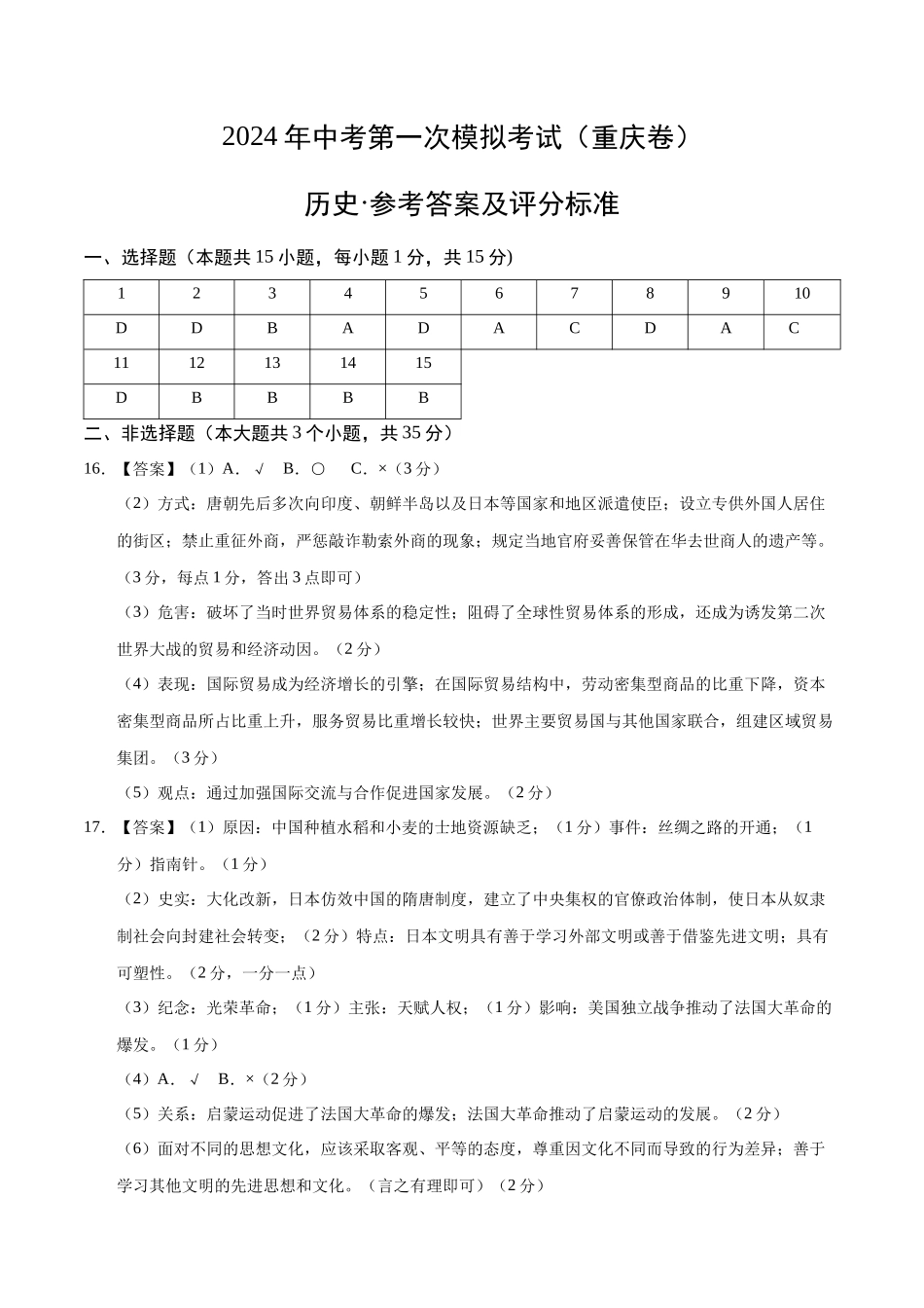 历史（重庆卷）（参考答案及评分标准）(1).docx_第1页
