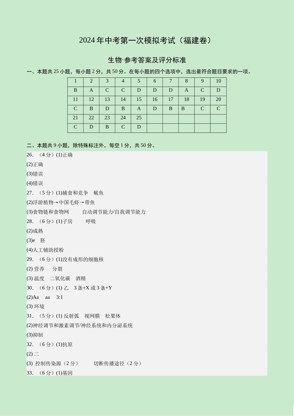 生物（福建卷）（参考答案及评分标准）(1).docx_第1页