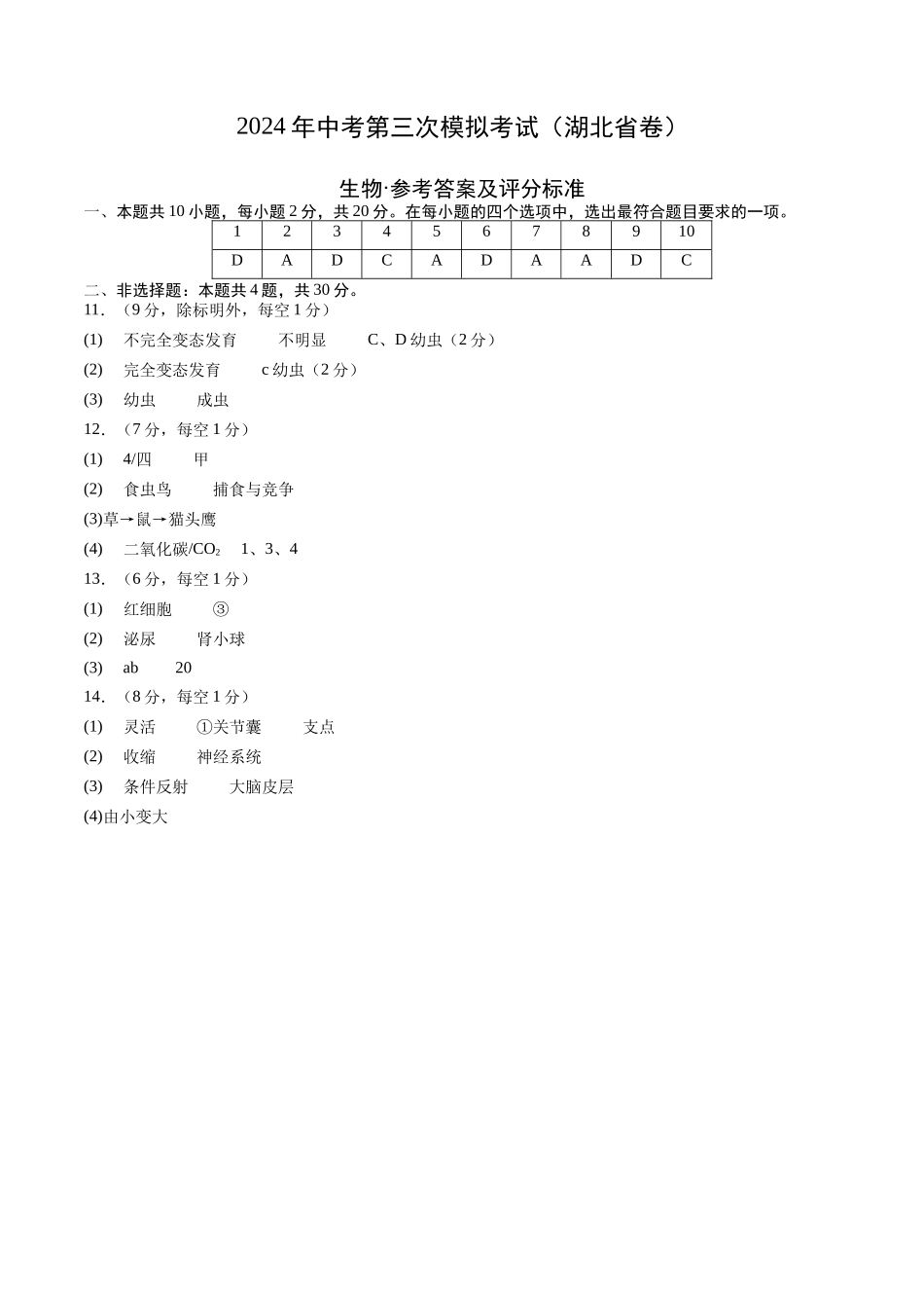 生物（湖北省卷）（参考答案及评分标准）(1).docx_第1页