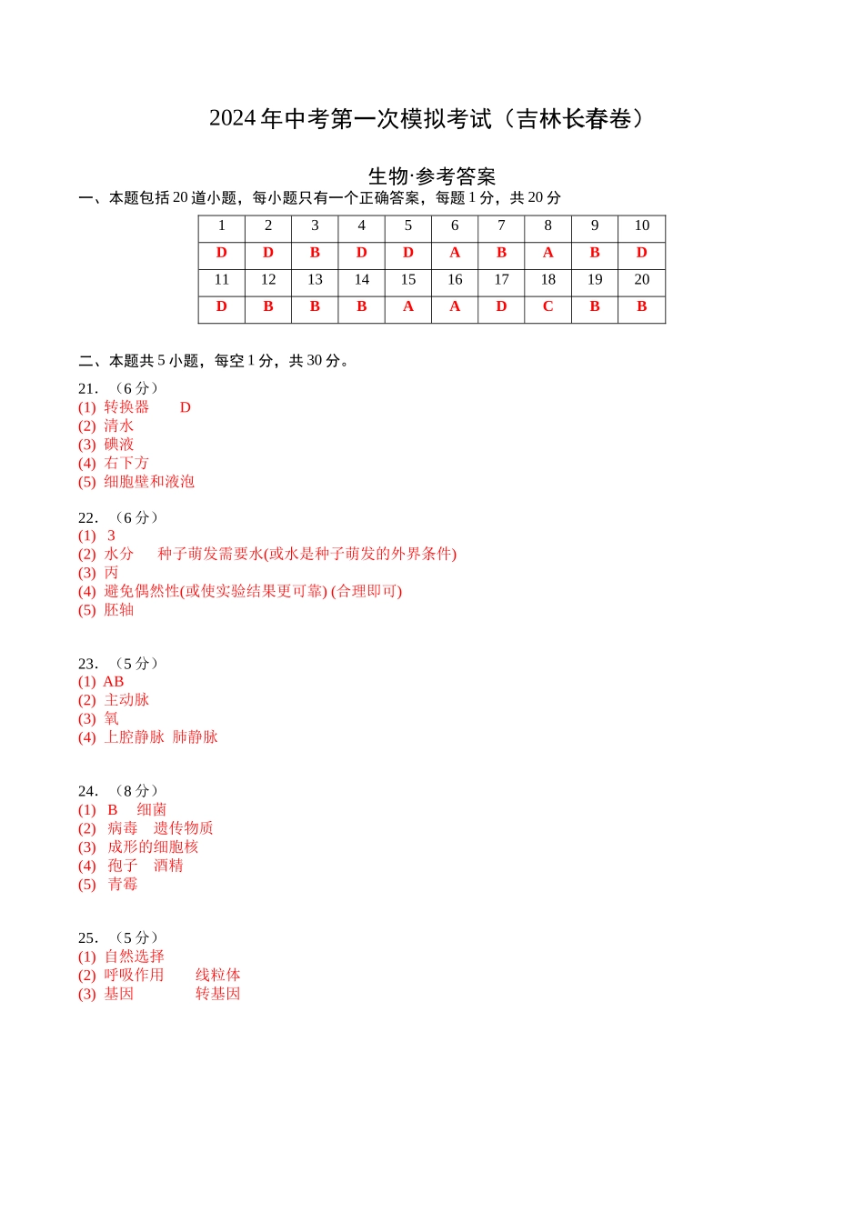 生物（吉林长春卷）（参考答案及评分标准）(1).docx_第1页