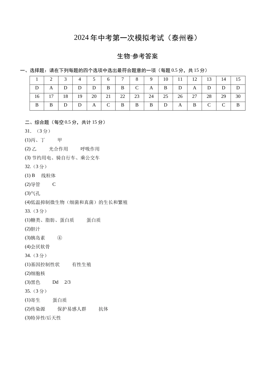 生物（泰州卷）（参考答案及评分标准）(1).docx_第1页