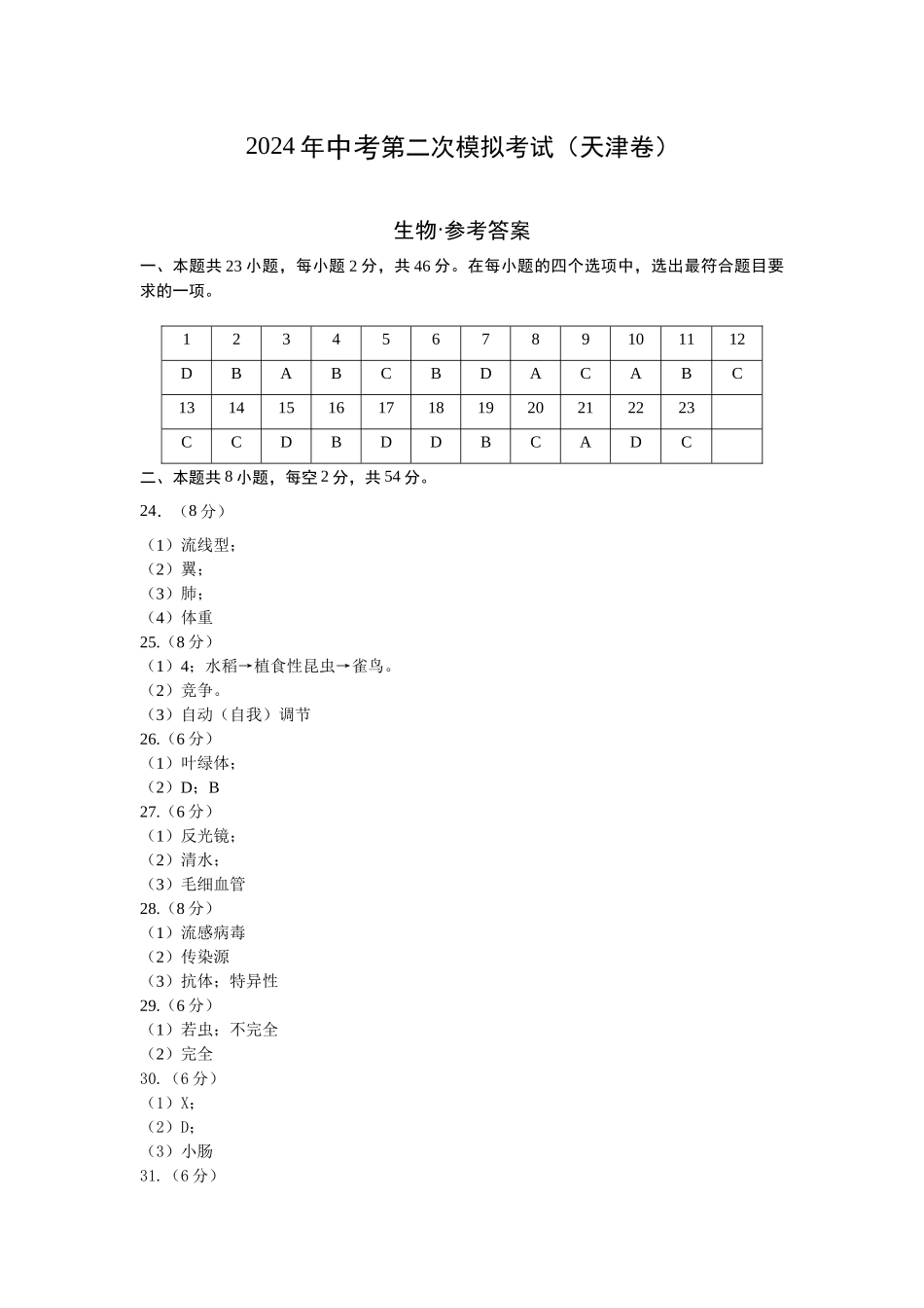 生物（天津卷）（参考答案及评分标准）(1).docx_第1页