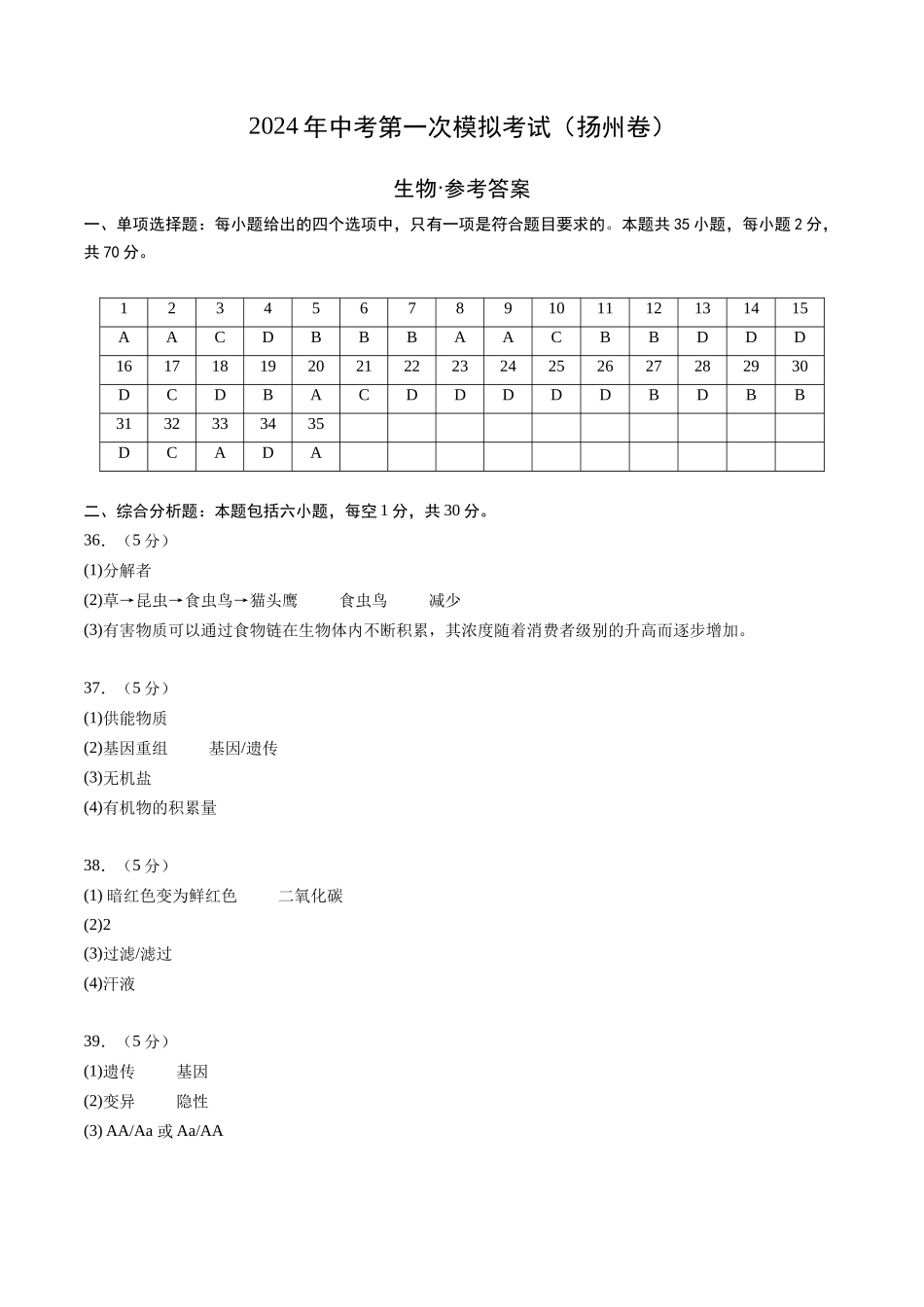 生物（扬州卷）（参考答案及评分标准）(1).docx_第1页