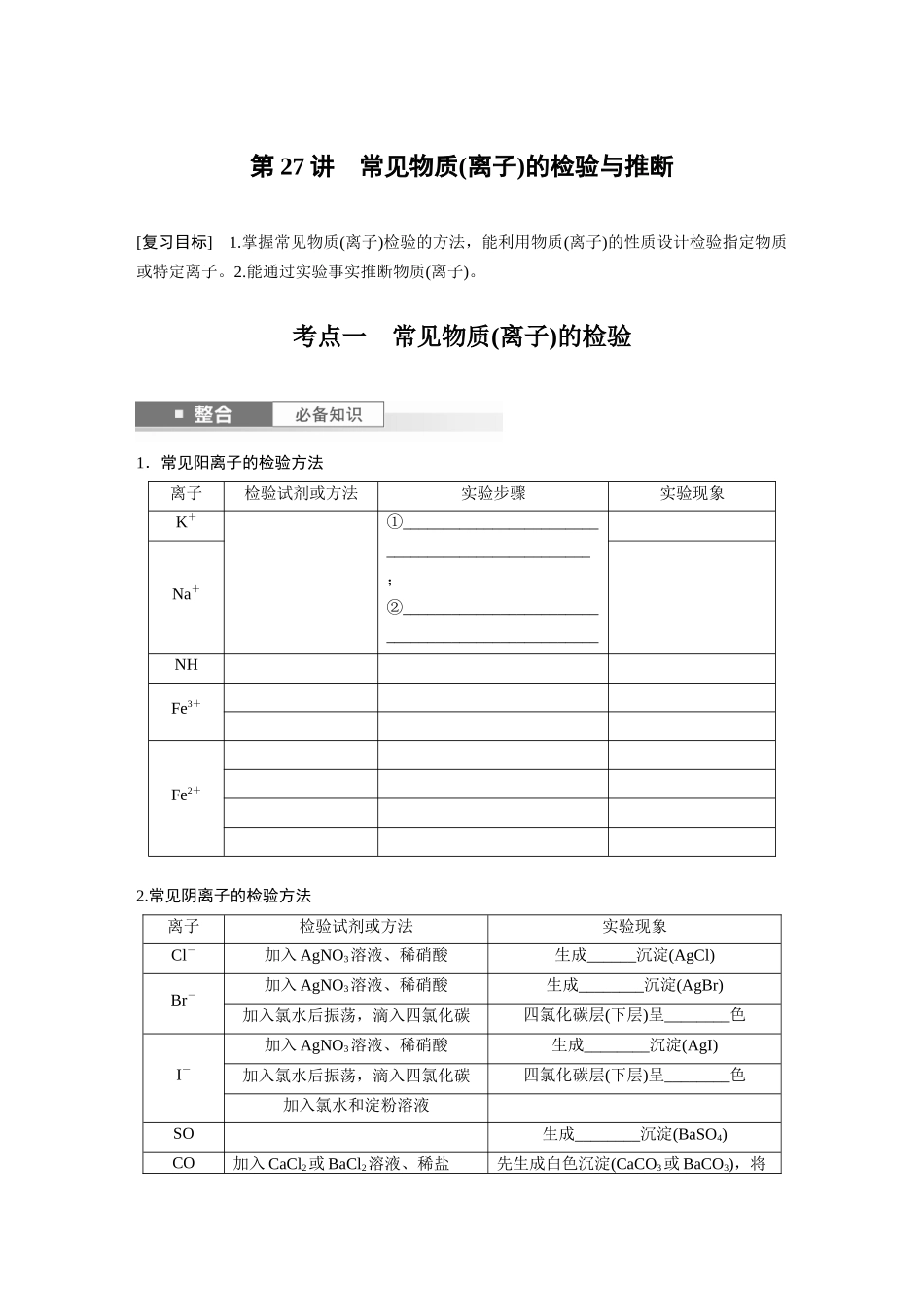 2025步步高大一轮复习人教版化学讲义 大单元二　第六章　第27讲　常见物质(离子)的检验与推断.docx_第1页