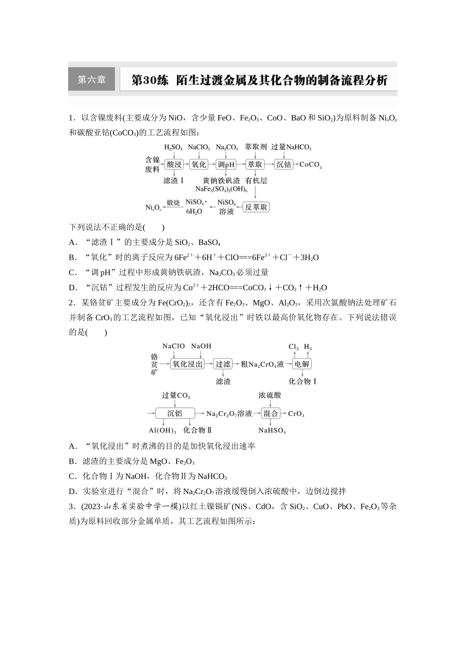 2025步步高大一轮复习人教版化学练习 第六章　第30练　陌生过渡金属及其化合物的制备流程分析.docx_第1页