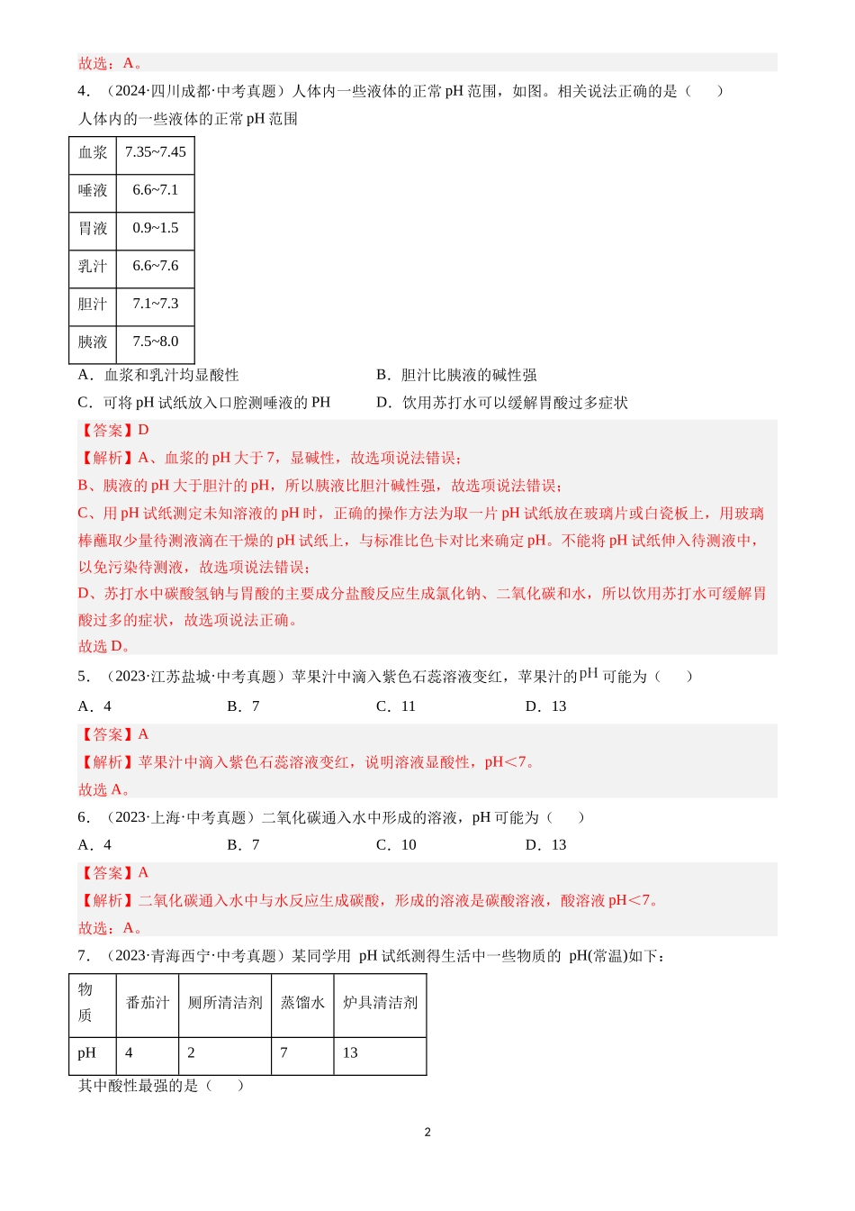 专题08 常见的酸和碱（解析版）-三年(2022-2024)中考化学真题分类汇编.docx_第2页