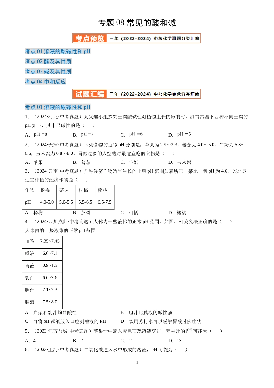 专题08 常见的酸和碱（原卷版）-三年(2022-2024)中考化学真题分类汇编.docx_第1页
