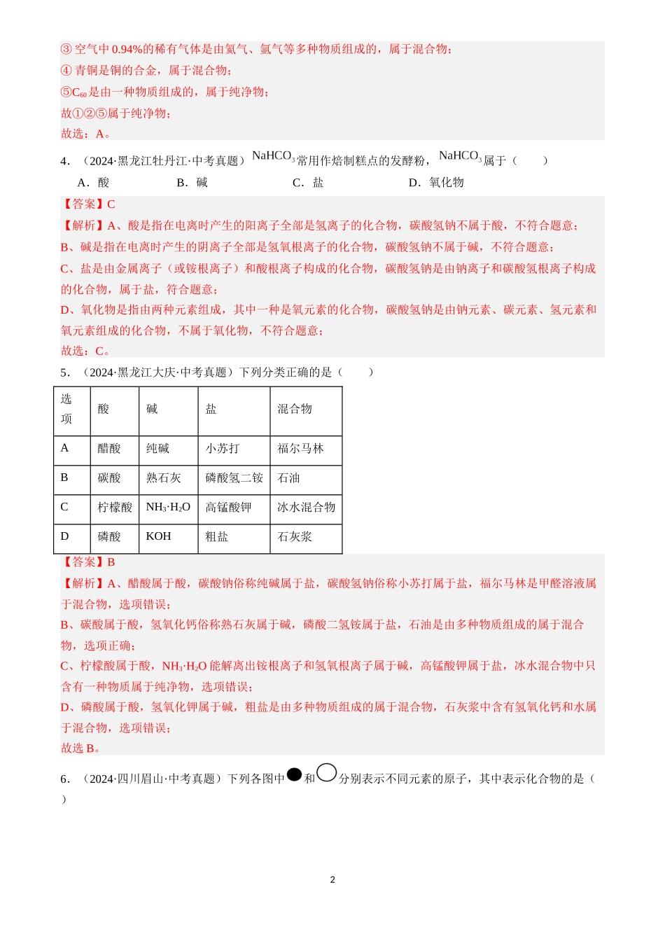 专题10 物质的分类 微粒构成物质（解析版）-三年(2022-2024)中考化学真题分类汇编.docx_第2页
