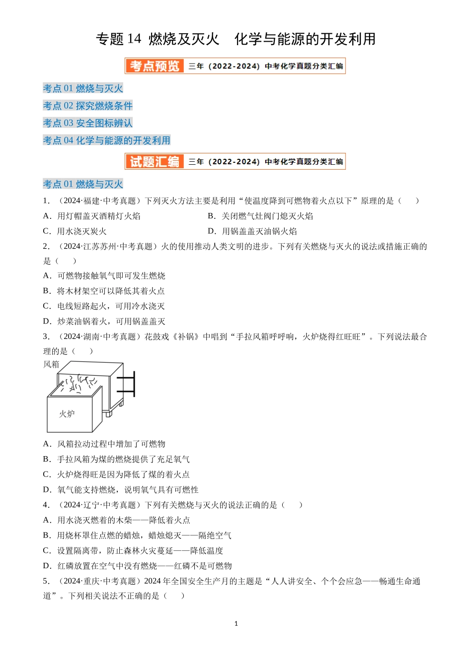 专题14 燃烧及灭火 化学与能源的开发利用（原卷版）-三年(2022-2024)中考化学真题分类汇编.docx_第1页