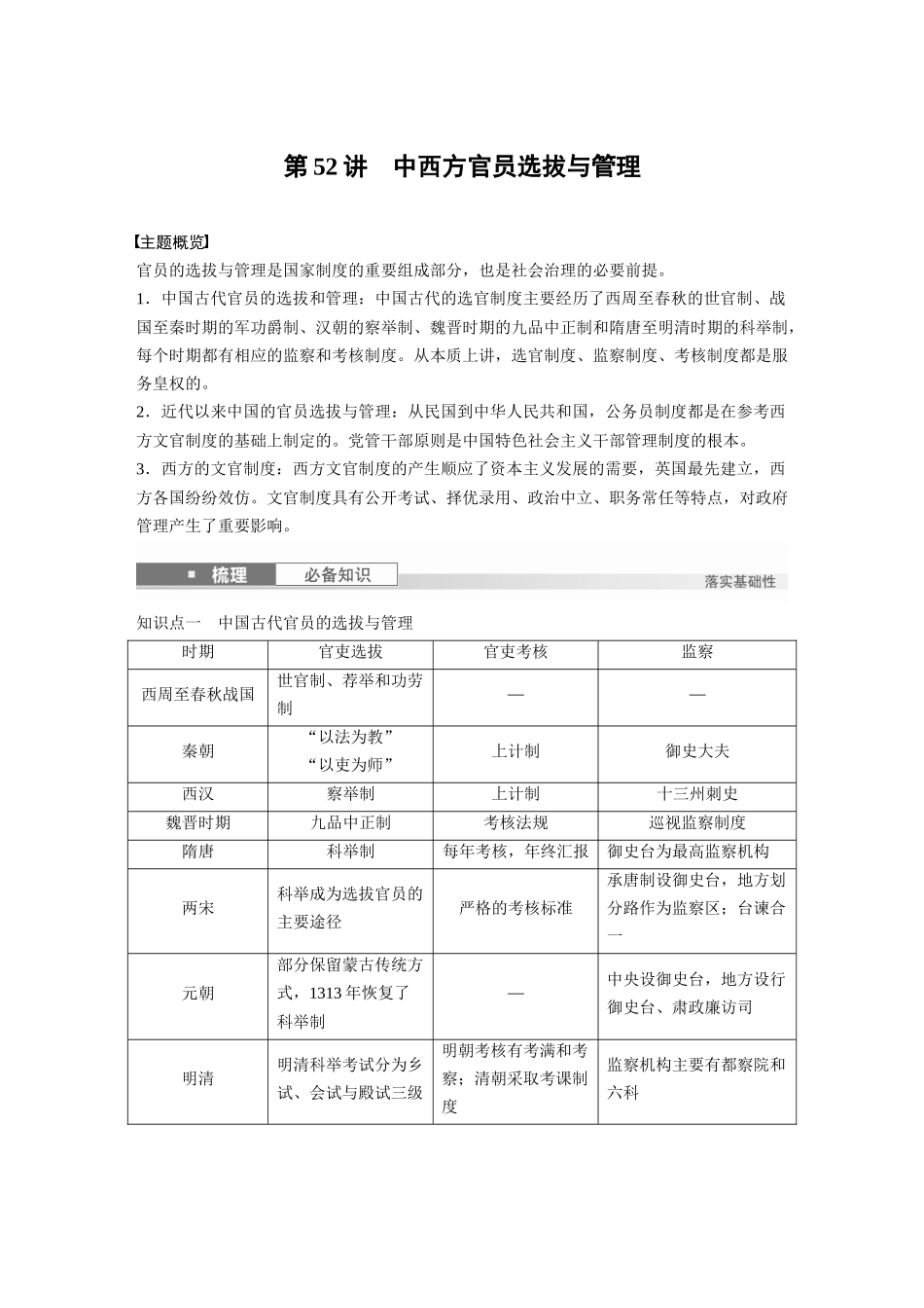 2025历史步步高大一轮复习讲义版块五　第十六单元　第52讲　中西方官员选拔与管理.docx_第1页