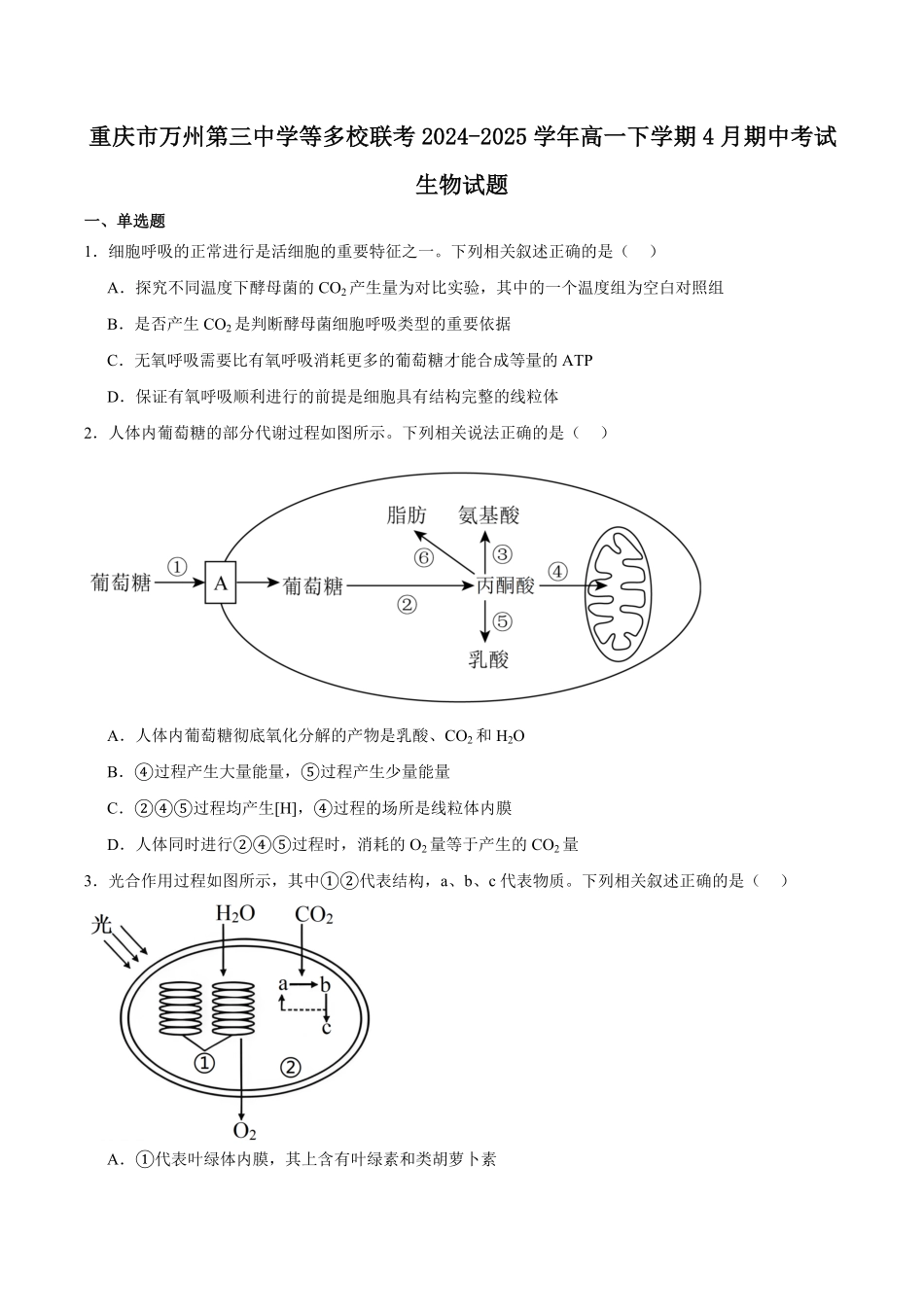 重庆市万州第三中学等多校联考2024-2025学年高一下学期4月期中考试 生物 Word版含答案.pdf_第1页