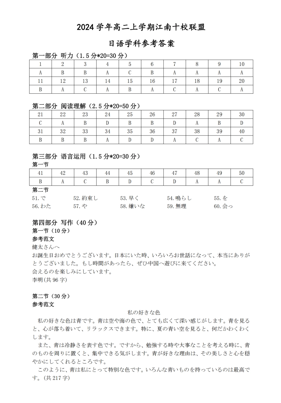 【安徽卷】【高二】安徽省2024年”江南十校“高二年级12月阶段联考（12.16-12.17）日语试卷答案.pdf_第1页