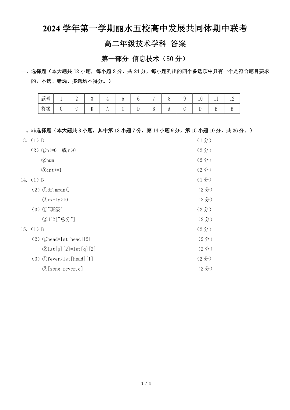 【浙江卷】2024年丽水五校高中发展共同体期中联考高二试卷及答案技术答案.pdf_第1页