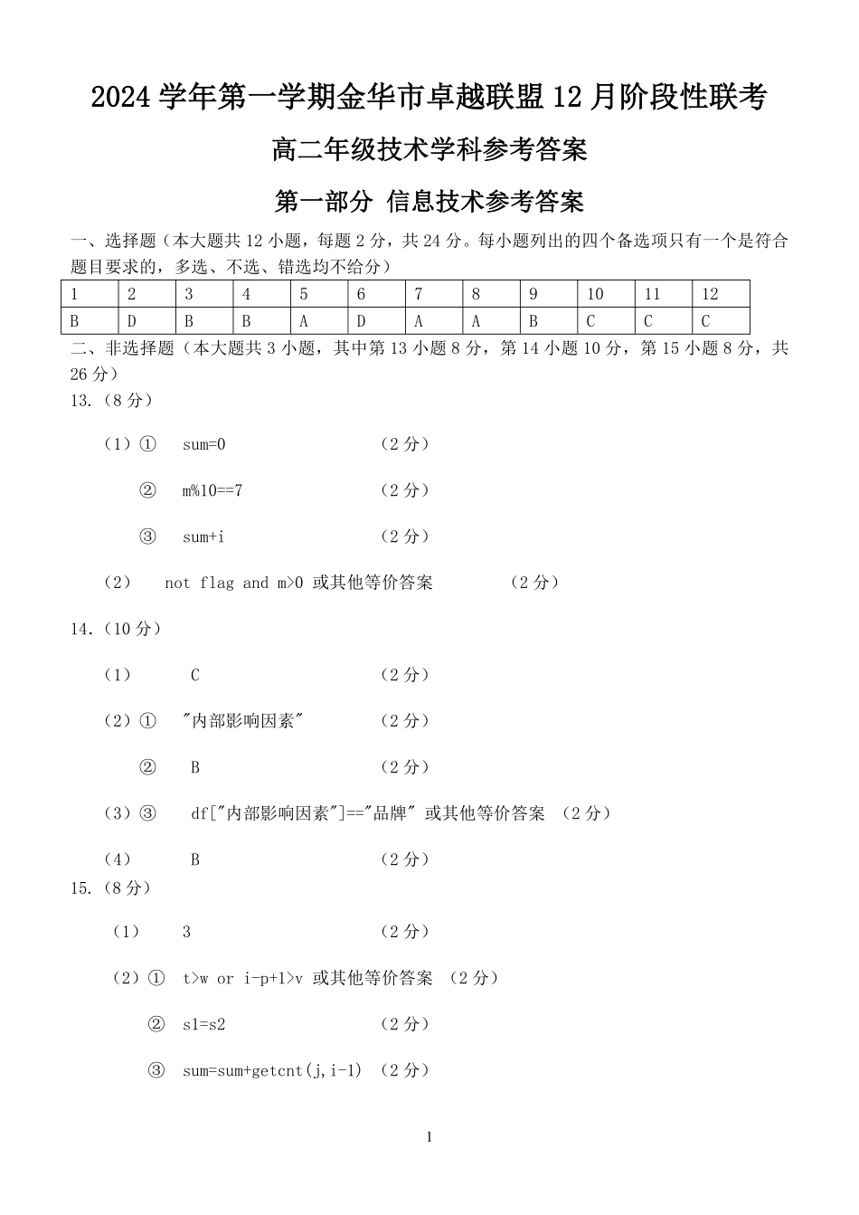 【浙江卷】浙江省金华市卓越联盟高二12月阶段性联考全科试卷及答案技术答案.pdf_第1页