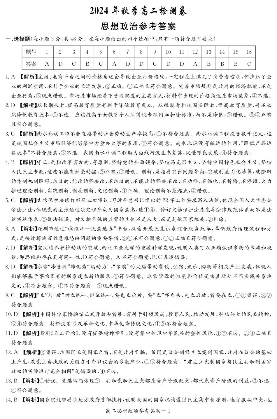 湖南省名校2024-2025学年高二上学期12月联考政治答案.pdf_第1页