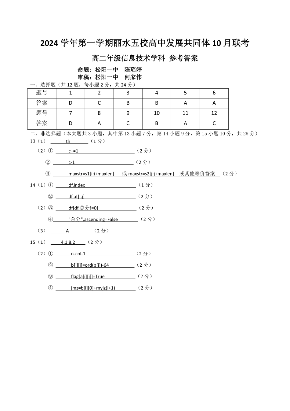 丽水五校高中发展共同体2024学年高二第一学期10月联考+技术答案.pdf_第1页