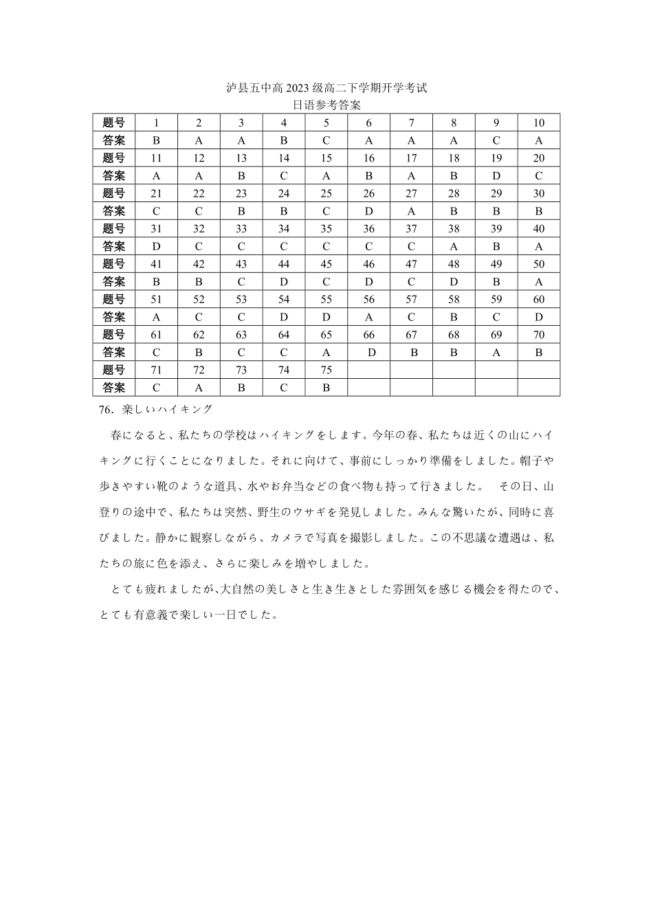 泸县五中2025年春期高二开学考试日语试题答案.pdf_第1页