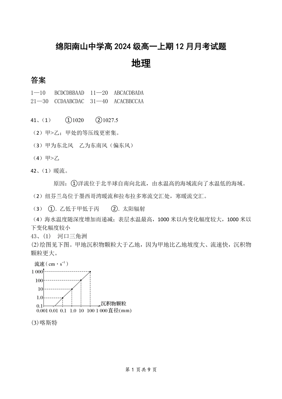 【四川卷】四川省绵阳市南山中学2024-2025学年高一上学期12月月考地理答案.pdf_第1页
