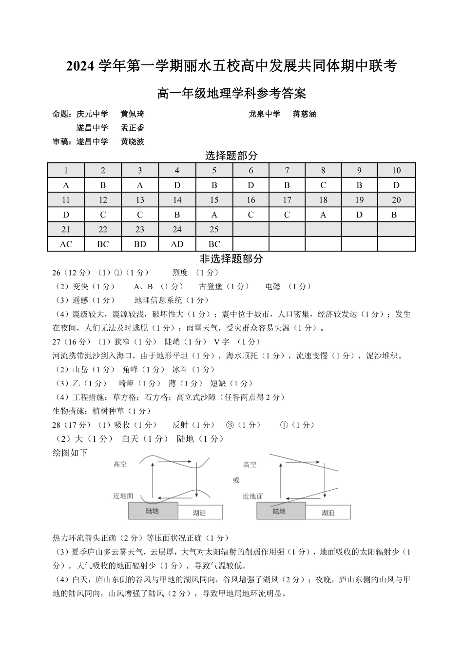 【浙江卷】2024年丽水五校高中发展共同体期中联考高一试卷及答案地理答案.pdf_第1页