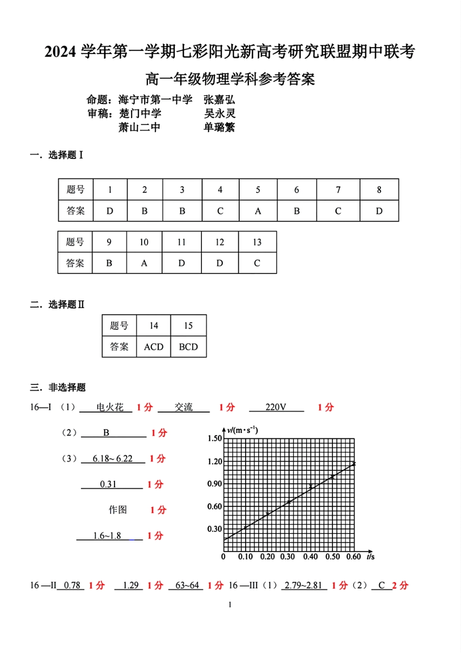 【浙江卷】浙江省2024学年高一第一学期浙江七彩阳光新高考研究联盟期中联考物理答案.pdf_第1页