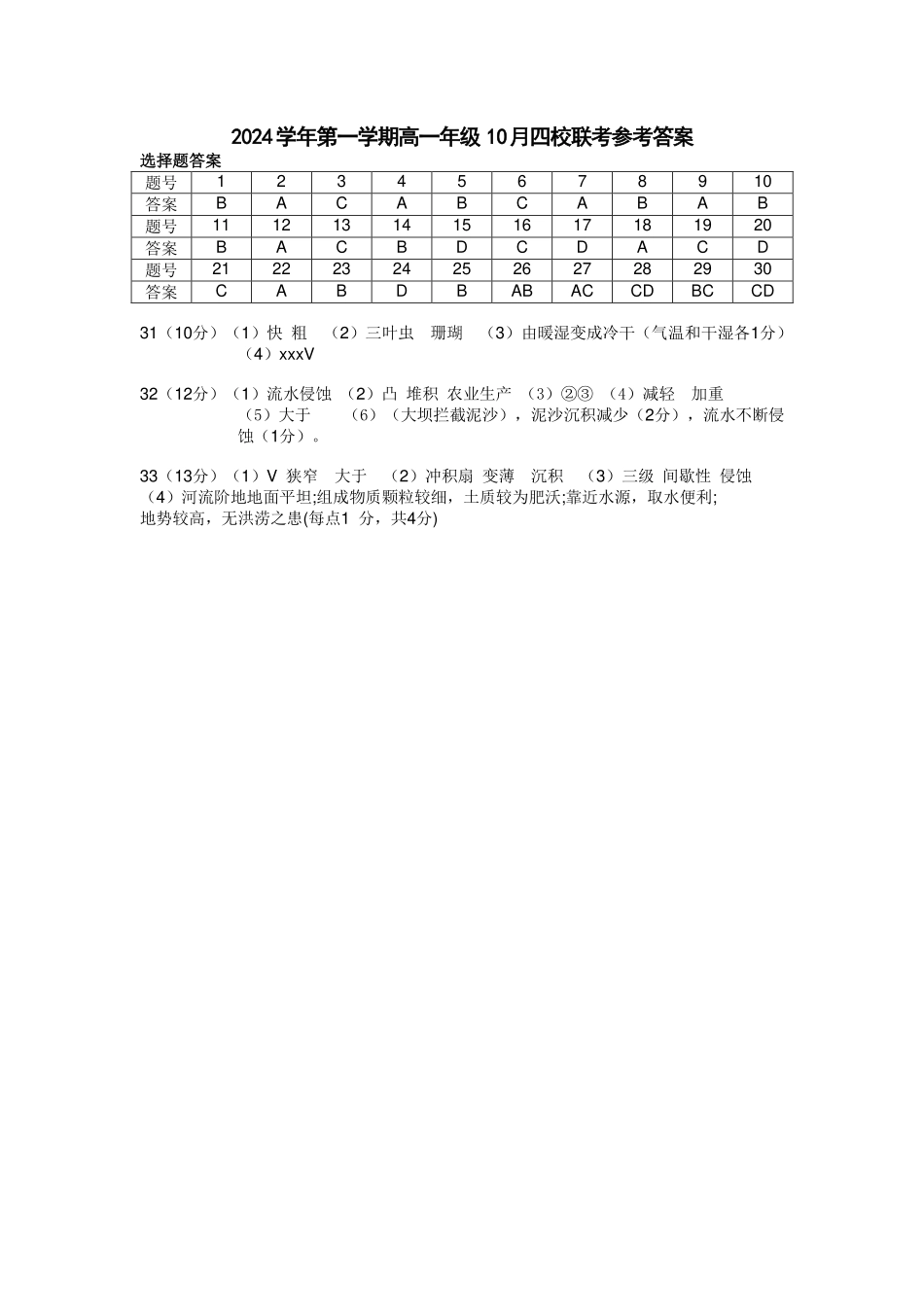 【浙江卷】浙江省杭州市四校联考2024-2025学年高一上学期10月月考地理答案.pdf_第1页