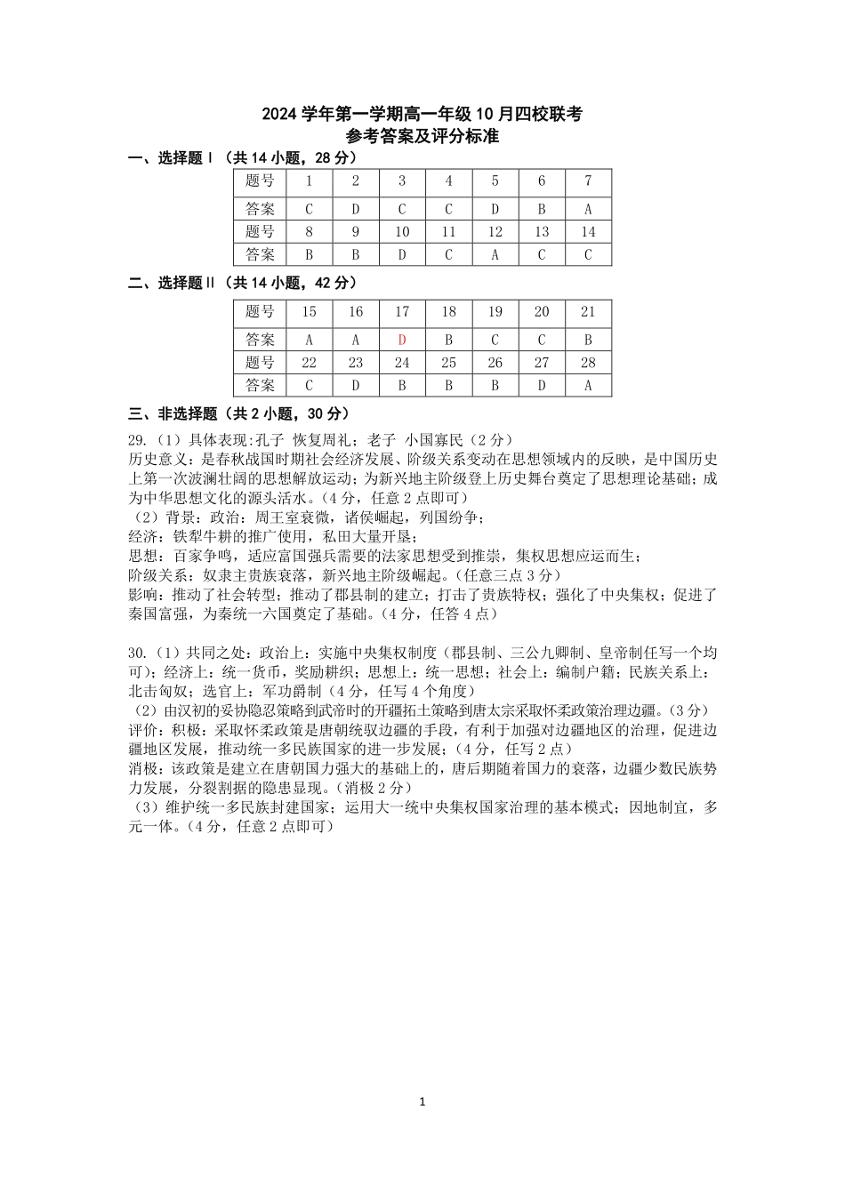 【浙江卷】浙江省杭州市四校联考2024-2025学年高一上学期10月月考历史答案.pdf_第1页