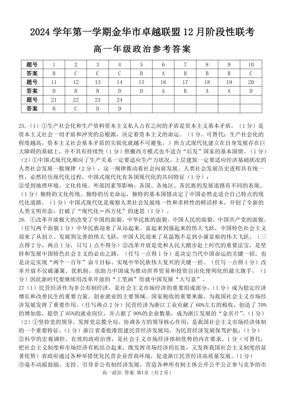【浙江卷】浙江省金华市卓越联盟高一12月阶段性联考全科试卷及答案政治答案.pdf_第1页