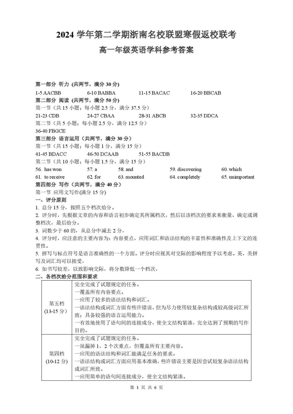 【浙江卷】浙江省温州市浙南名校联盟2024-2025学年高一下学期2月开学考试英语答案.pdf_第1页
