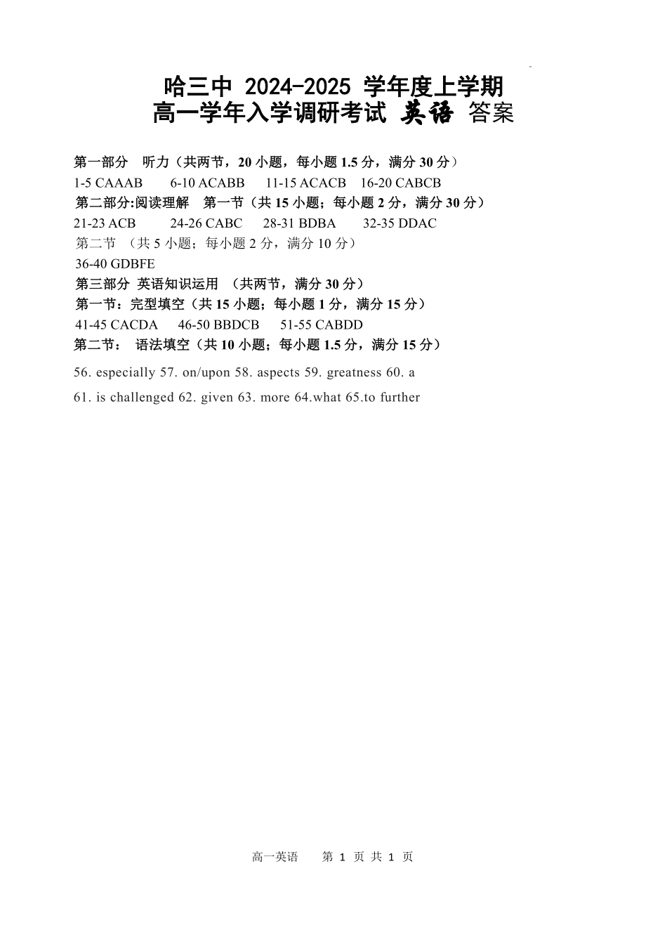 2024级高一入学调研考试英语答案.pdf_第1页