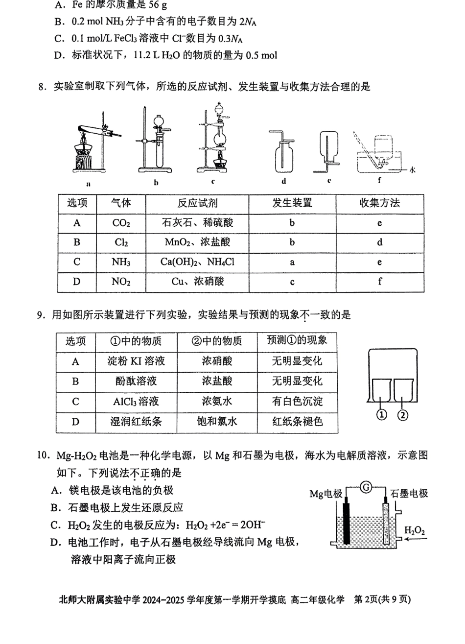北京师范大学附属实验中学2024-2025学年高一上学期开学考试化学试题.pdf_第2页