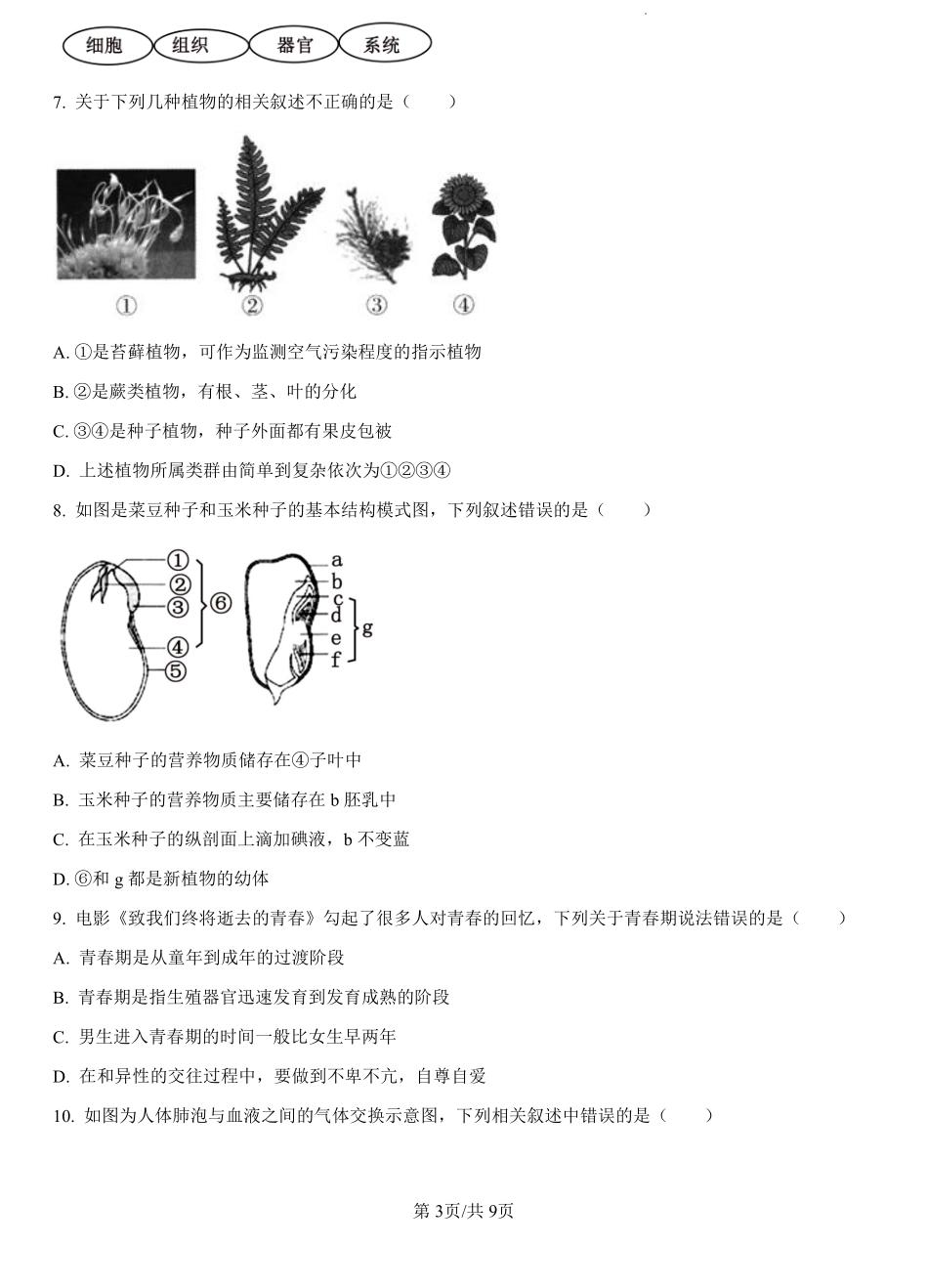 福建省泉州市部分地区2024-2025学年高一上学期开学考试生物试题（原卷版）.pdf_第3页