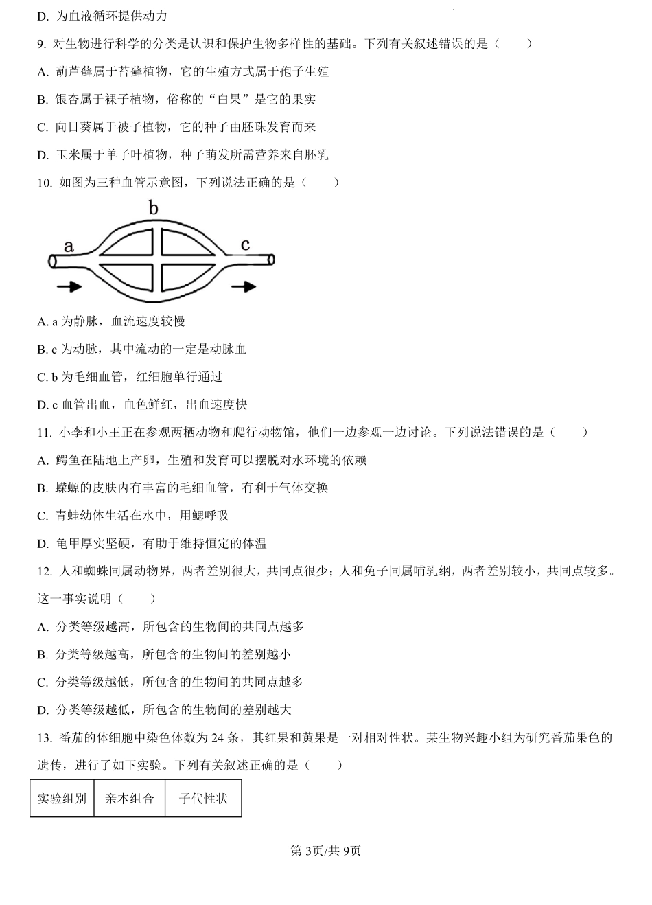 福建省漳州市2024-2025学年漳州市部分高中开学2024-2025学年高一上学期开学生物试题（原卷版）.pdf_第3页