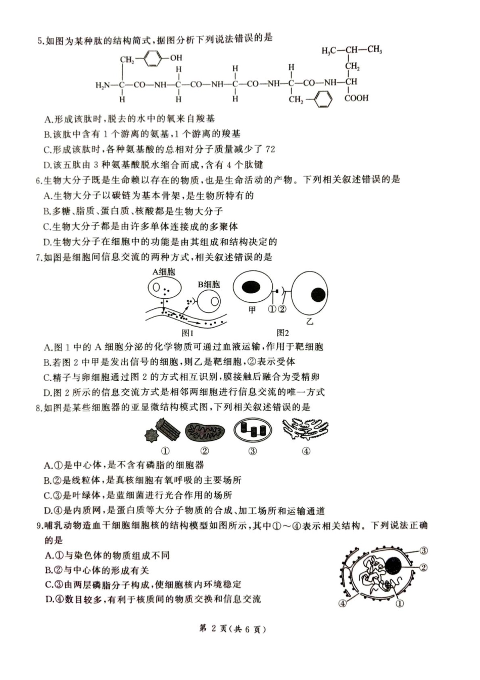甘肃省平凉市静宁县六校联考2024-2025学年高一上学期1月期末考试生物试卷（含答案）.pdf_第2页