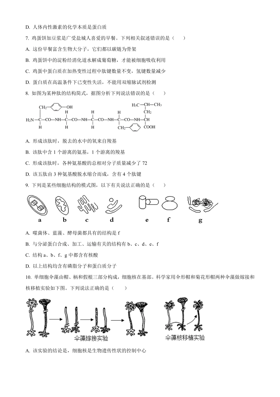 甘肃省天水市甘谷县2024-2025学年高一上学期11月月考生物试题.pdf_第2页