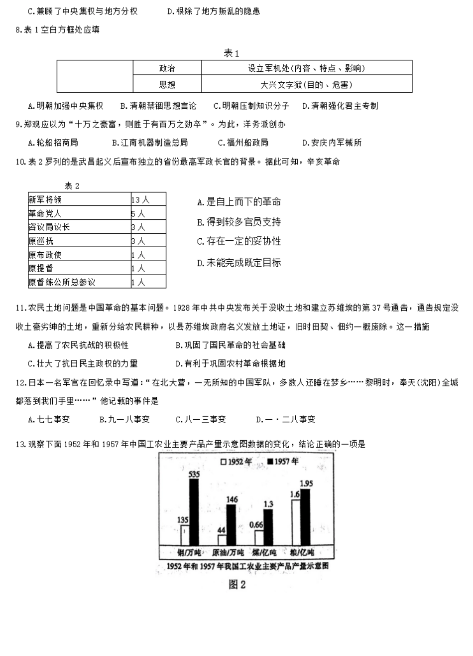 甘肃省武威市民勤县等2地2024-2025学年高一上学期开学历史试题+答案.pdf_第2页