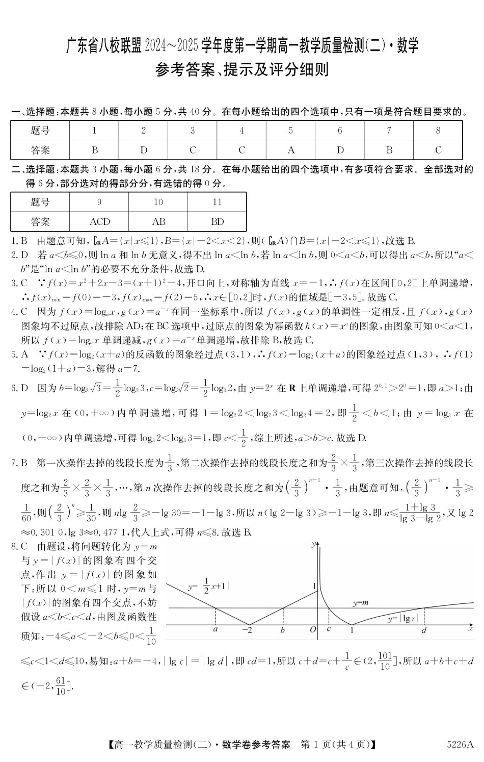 广东省八校联盟2024-2025学年高一上学期教学质量检测（二）数学答案.pdf_第1页