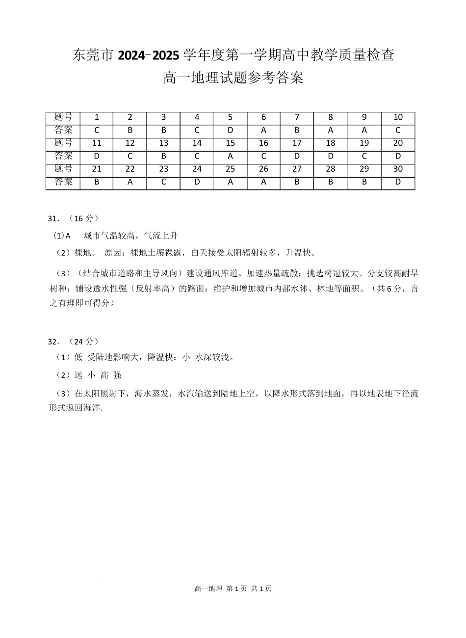 广东省东莞市2024-2025学年高一上学期1月期末地理答案.pdf_第1页