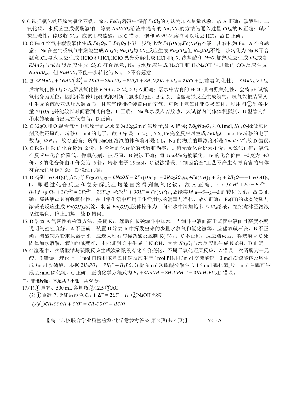 广东省六校（茂名一中惠州一中河源一中等）2024-2025学年高一上学期12月联合考试化学答案.pdf_第2页