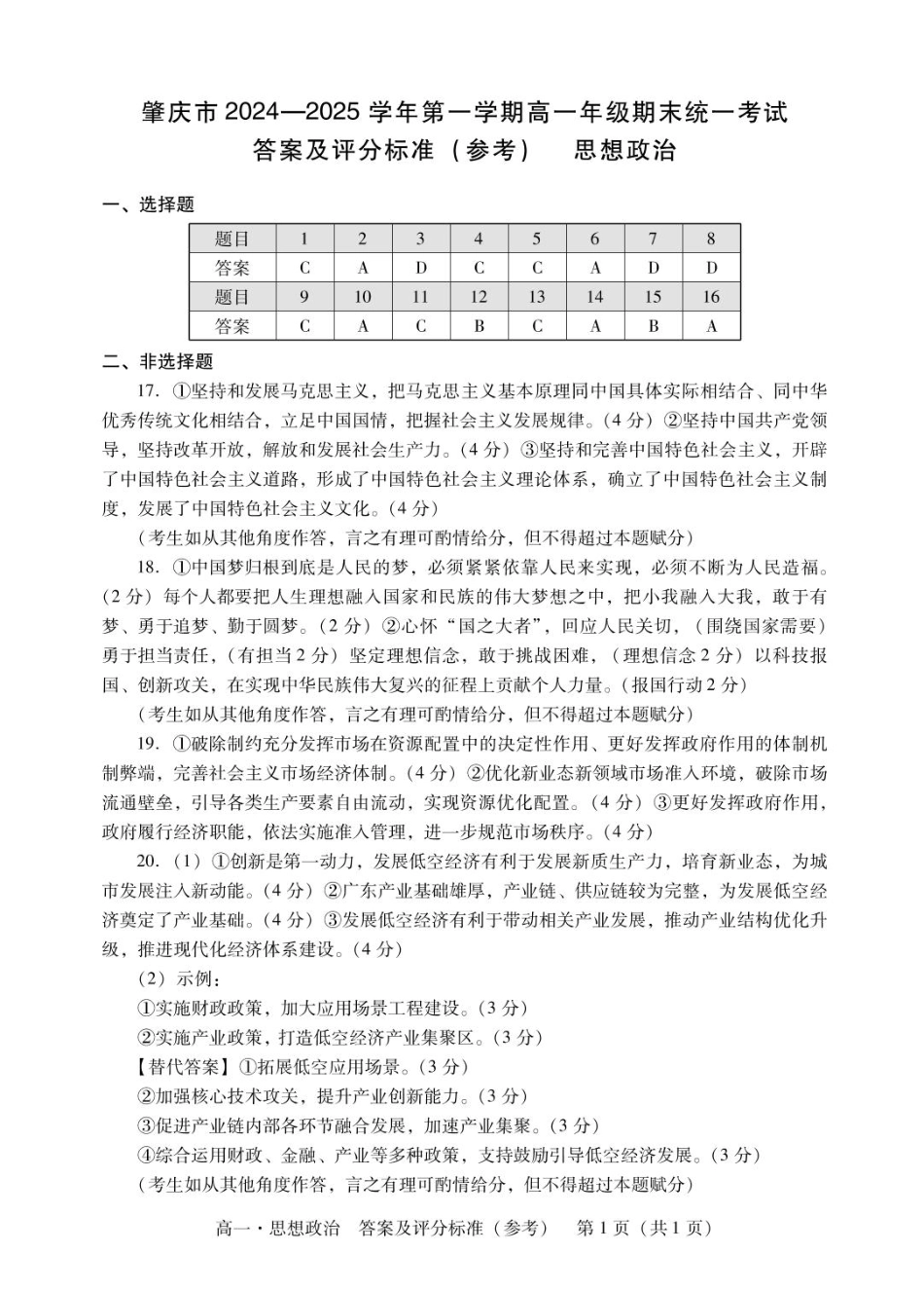 广东省肇庆市2024-2025学年高一上学期期末统一考试政治答案.pdf_第1页