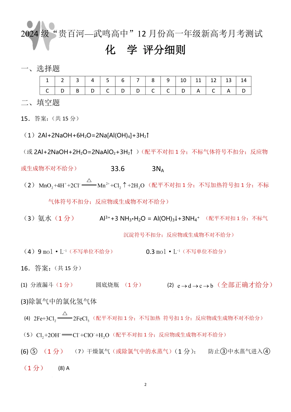 广西“贵百河—武鸣高中”2024-2025学年高一上学期12月新高考月考化学答案.pdf_第2页